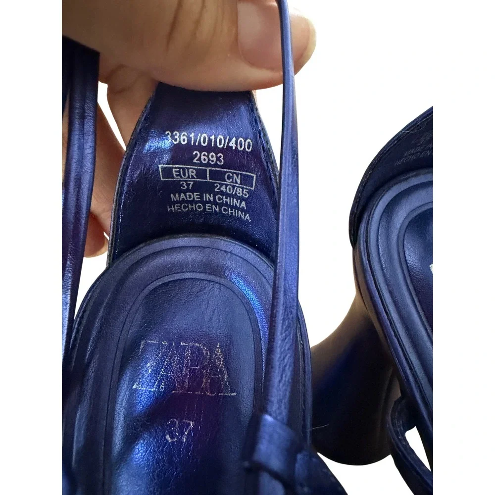 Zara Metallic Blue Strappy Platform Sandals Flared Block Heel Size 37 - Picture 5 of 7